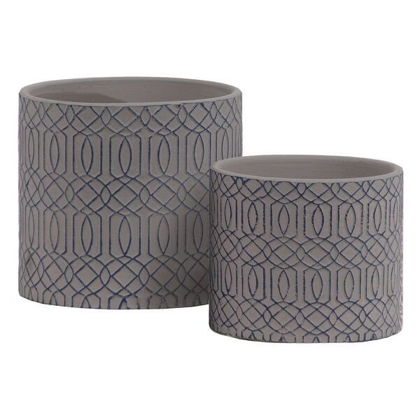 Stoneware Cylindrical Embossed Lattice Concentric Design Pot, Set of 2, Gray