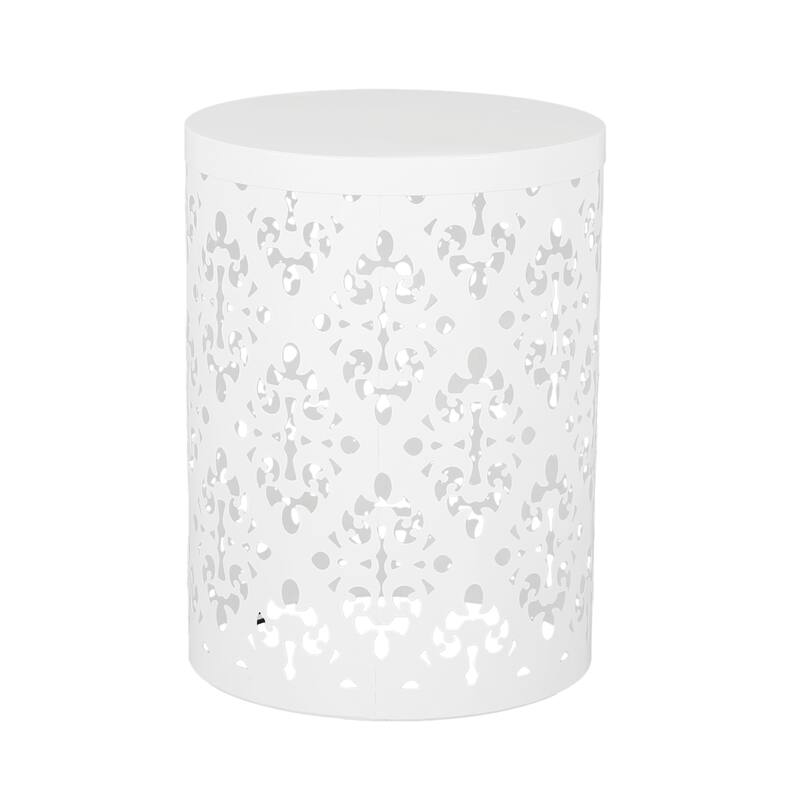 Kemo Outdoor End Table Set of 2, Round Top, Cutout Design, White Iron