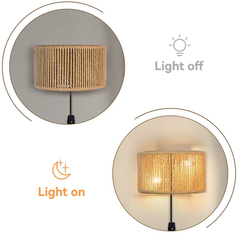 Bohemian Plug in Wall Light Fixtures Hand Woven Wall Sconce with Switch - 2-Light