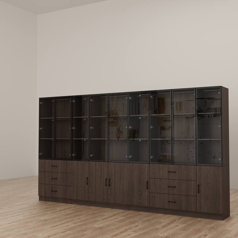 Bookshelves Bookcase Modular Glass Display Cabinet with LED Lights, Dark Wood Storage Combination Cabinet System