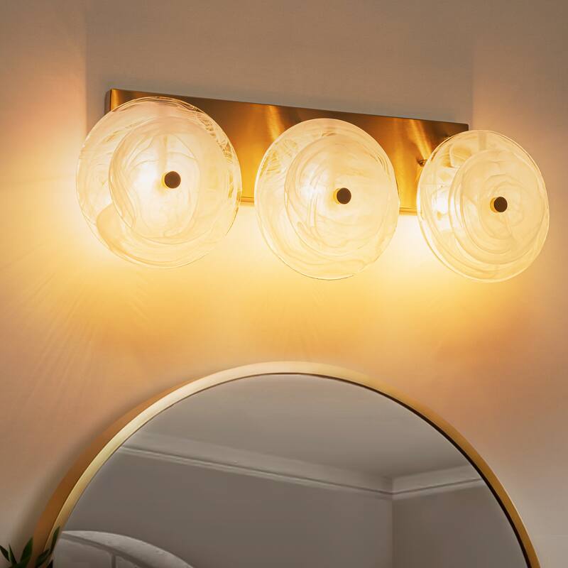 3-Light Mid-Century Modern Brushed Brass Vanity Light with Cloud-Textured Round Glass glass disc