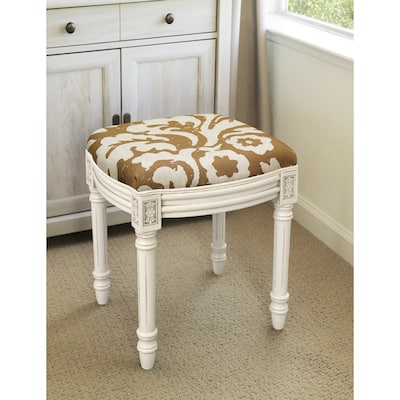 Jacobean Foam/Linen/Wood Floral Antique White Finished Vanity Stool