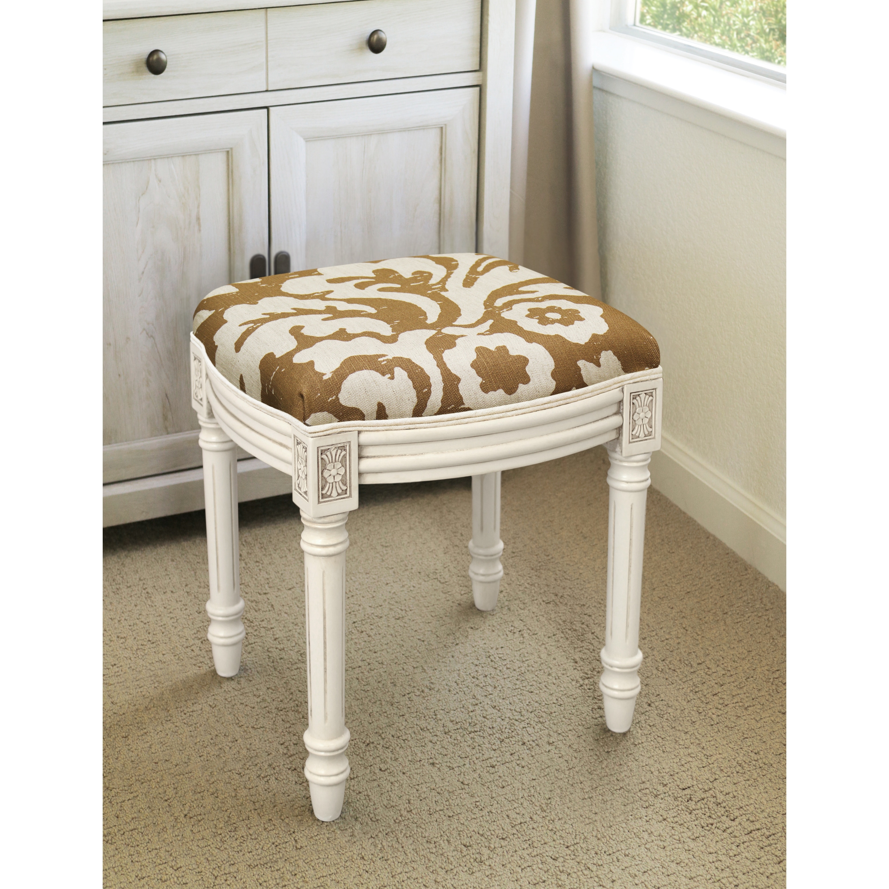 Jacobean Foam/Linen/Wood Floral Antique White Finished Vanity Stool