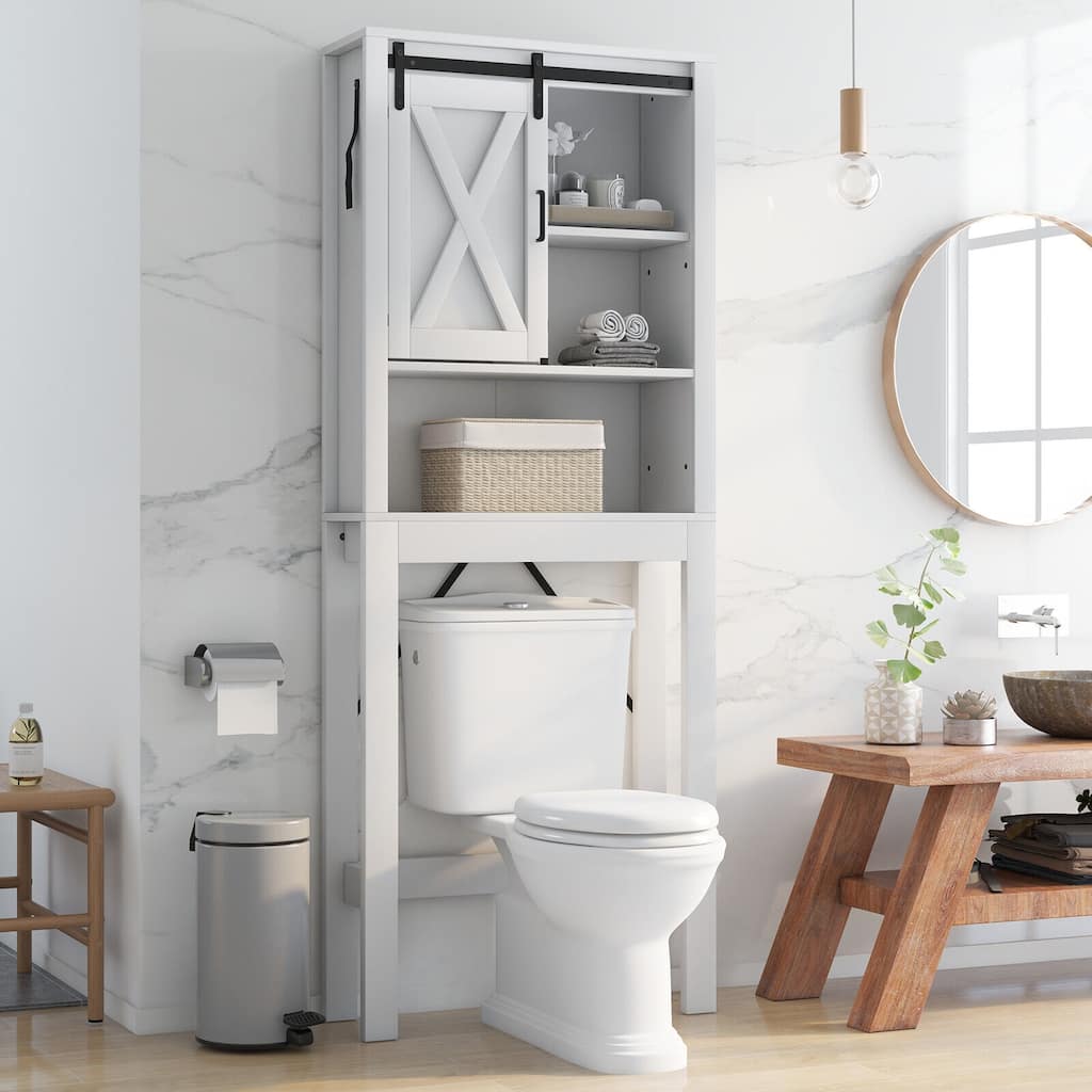 3-Tier White Over Toilet Bathroom Storage Cabinet Freestanding Organizer with Adjustable Shelves and Door - 27"W x 8.5"D x 67"H