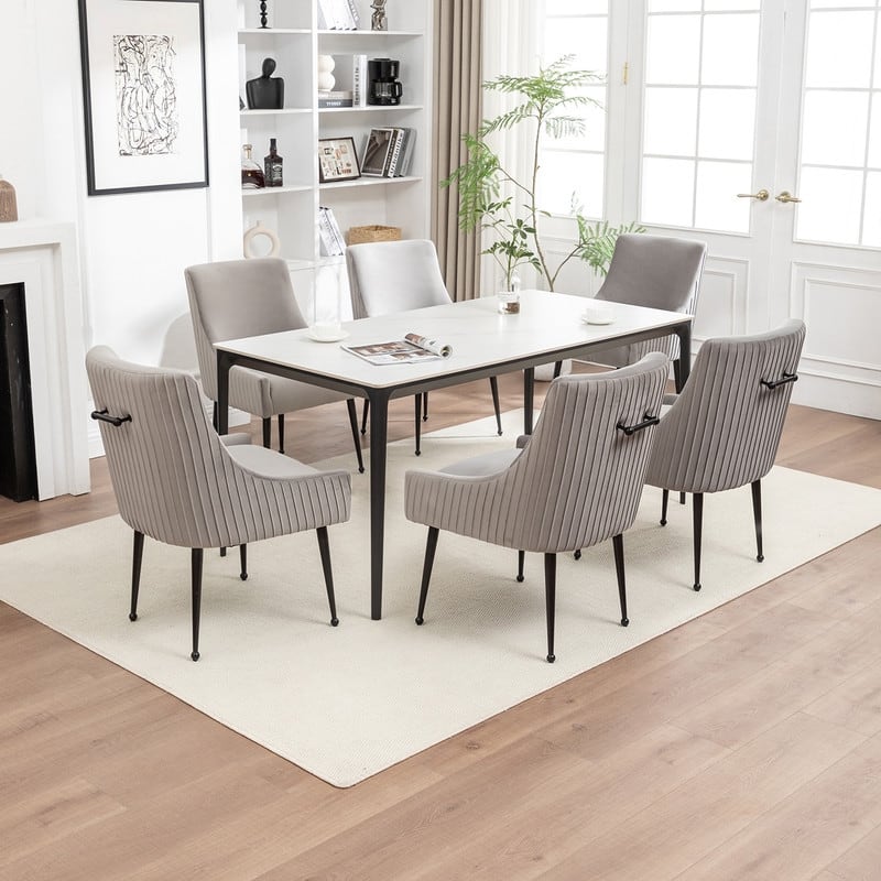 SEYNAR Modern Glam Velvet Black Metal Legs Dining Chair or Vanity Chair Set of 6 with Rear Handle