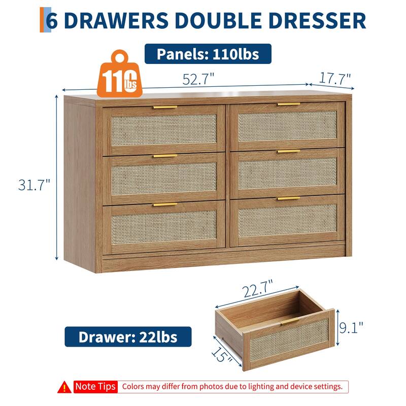 6/7-Drawer Dresser for Bedroom, Rattan Dresser Modern Wood Chest with Metal Handles
