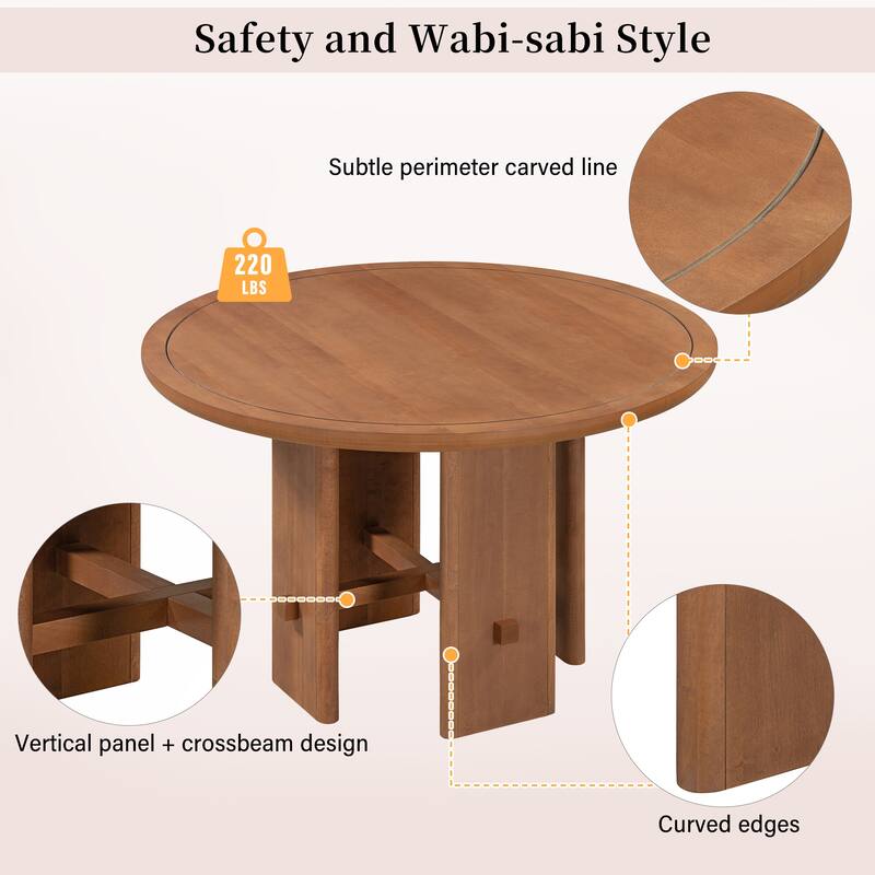 5-Piece Round Dining Table Set for 4, Minimalist Farmhouse Dining Table with 4 Solid Wood Upholstered Chairs
