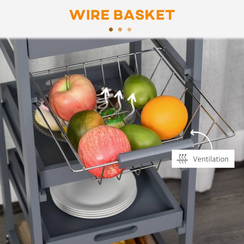 Mobile Kitchen Island, Solid Pine Wood Frame Bar Cart, Trolley Serving Cart with Drawer & Slide-Out Wire Storage Basket, Grey