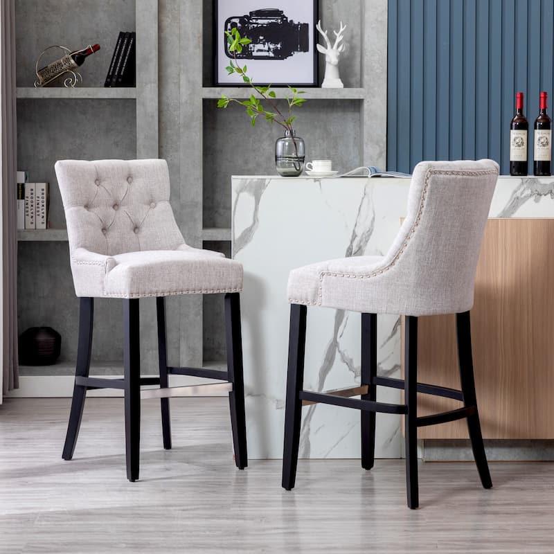 Carter 29" Linen Fabric Tufted Upholstered Bar Stool (Set of 2) - N/A