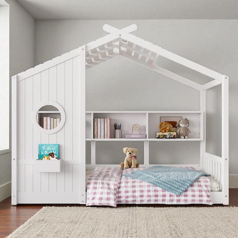 Twin/Full Montessori House Floor Bed with Roof, Storage Shelf, Low Profile Kids Bed, 6 in Mattress, 350/550 lb Capacity - White - Twin