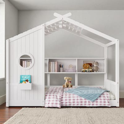 Twin/Full Montessori House Floor Bed with Roof, Storage Shelf, Low Profile Kids Bed, 6 in Mattress, 350/550 lb Capacity