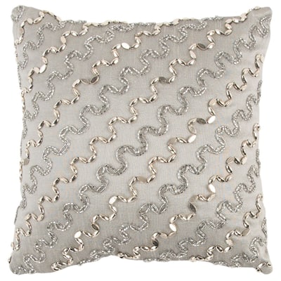 Rizzy Home Silver and Light Grey Hand-beaded Wave Throw Pillow