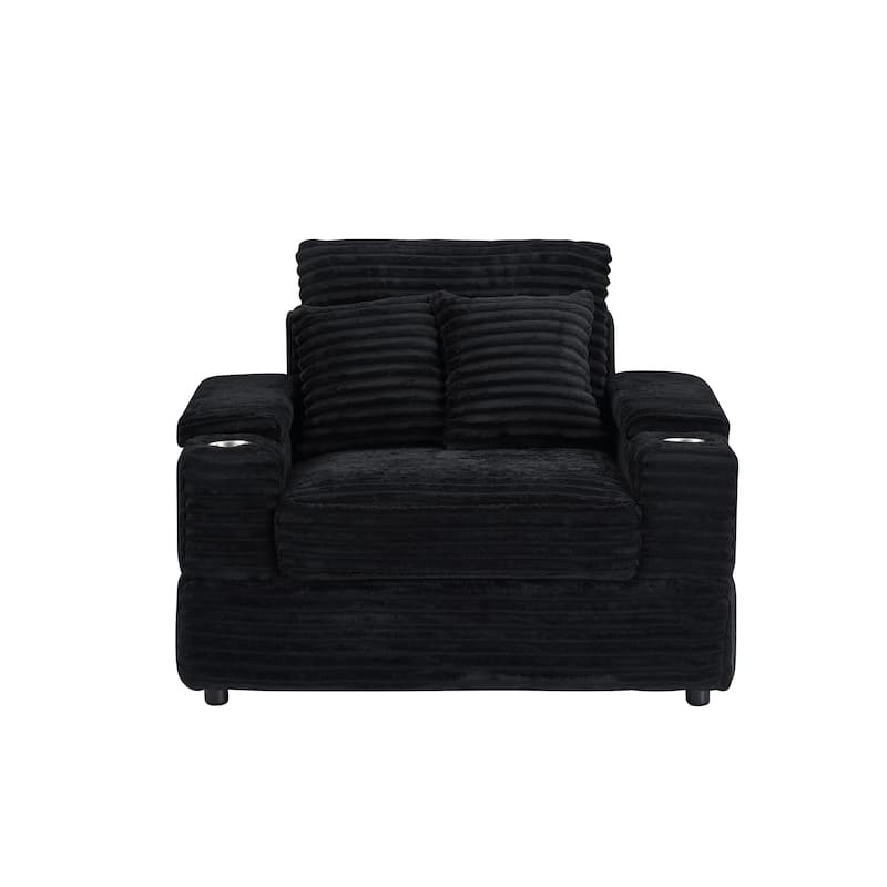 Black Corduroy Single Sofa with Pillows and Ottoman