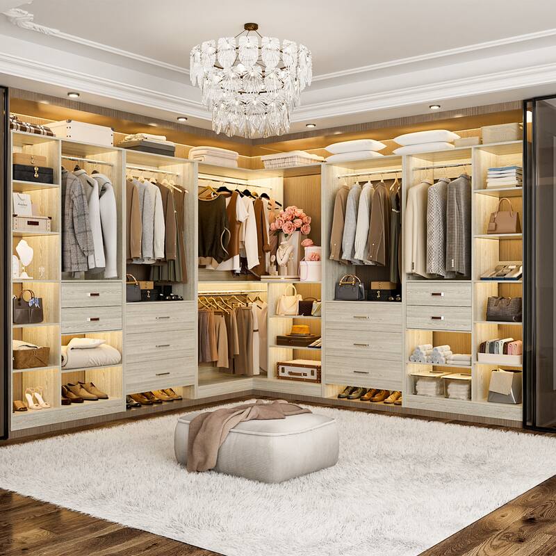 Rackcog Set of 5 Large Closet System with Drawers, Coner Closet Organizers with Hanging Rods and Shelves - Washed Oak