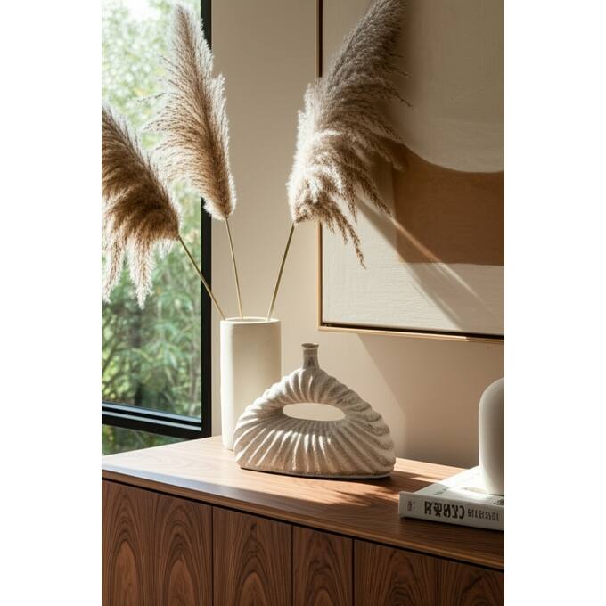 Pottery Vase Sculptural Open Center for Decorative Table Accent - 15" x 5" x 11.5"