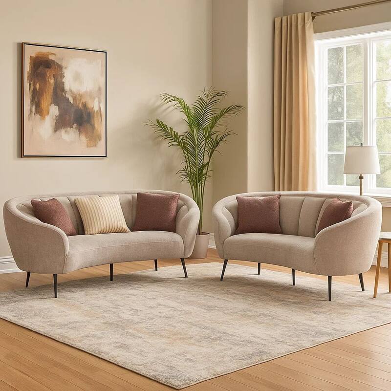 Zui 2pc Sofa Loveseat Set, Modern Curved Shape Beige Tufted Fabric, 4 Pillows