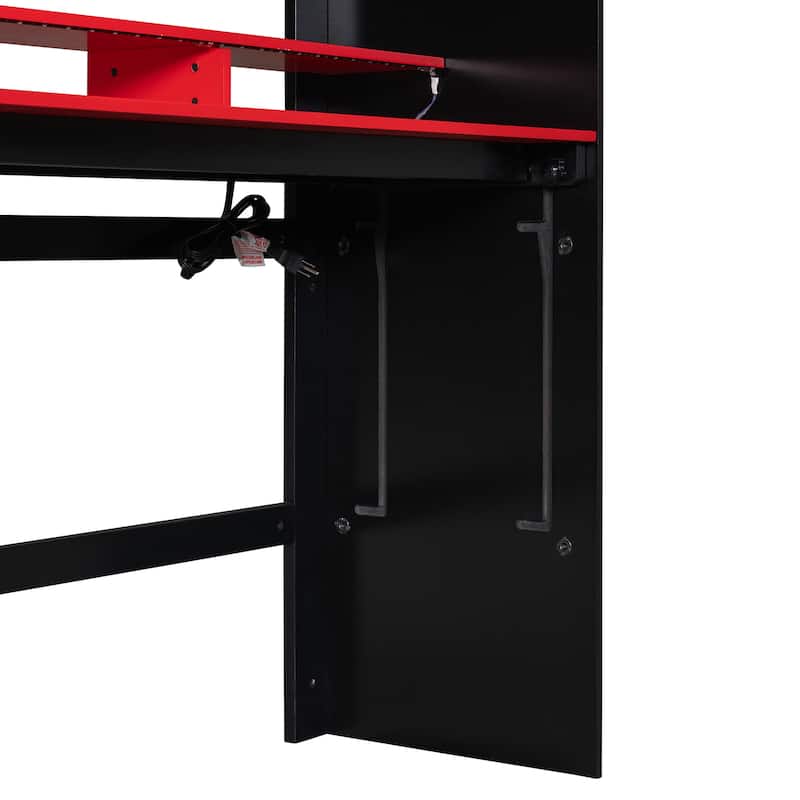 Full Size Esports Loft Bed, Built-In Gaming Station with Adjustable Desk, Wardrobe, Book Shelves, USB Port & RGB Strip Lighting