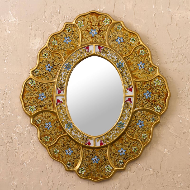 Handmade Floral Gold glass wall mirror (Peru)