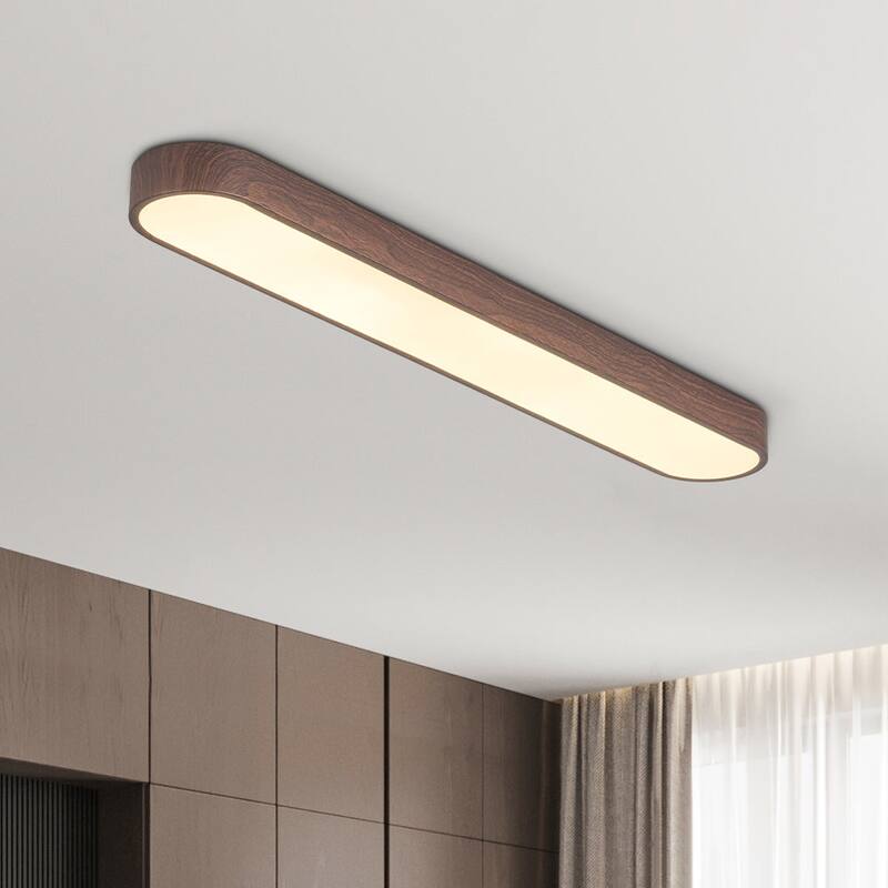 Dimmable LED Ceiling Light Faux Wood Grain Long Oval Flush Mount - Walnut