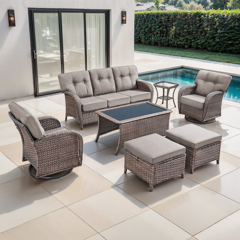 TWrap 7-Piece Patio Brown Wicker Sofa Conversation Set with 5-Inch Thick Cushions
