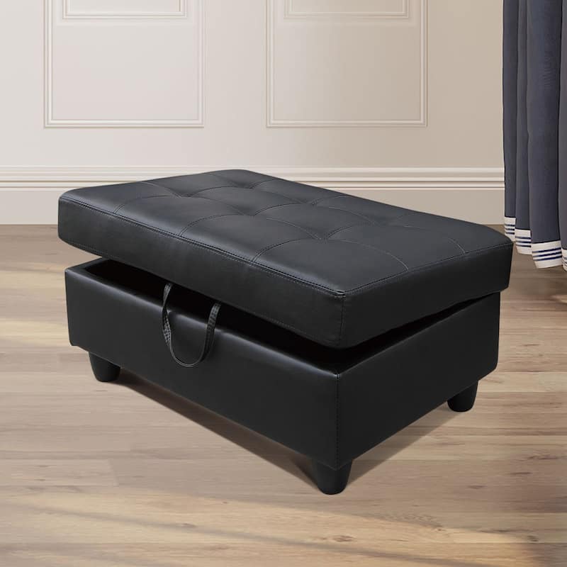 Black Faux Leather Storage Ottoman for Living Room