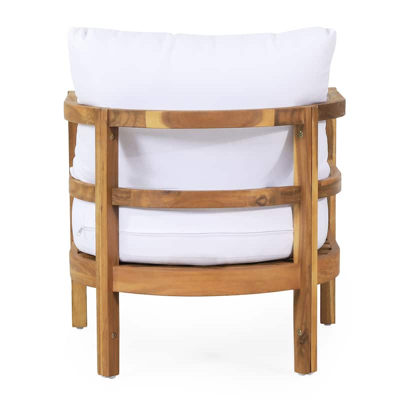Roomfitters Outdoor Acacia Wood Patio Club Chair with Waterproof Cushions, Teak Finish, Deep Seating for Porch, Balcony, White