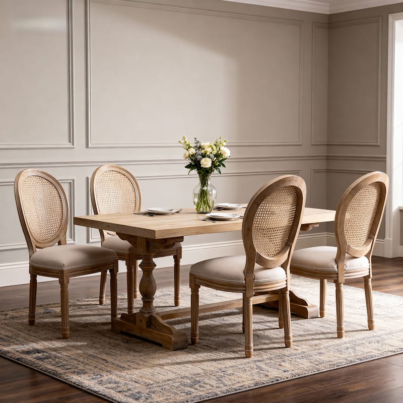 French Style Solid Wood Frame Linen Fabric Rattan Back Dining Chair, Set of 2