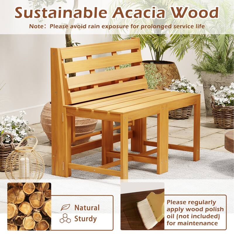Gymax 3-in-1 Outdoor Acacia Wood Loveseat Bench Furnitur w/ Slatted