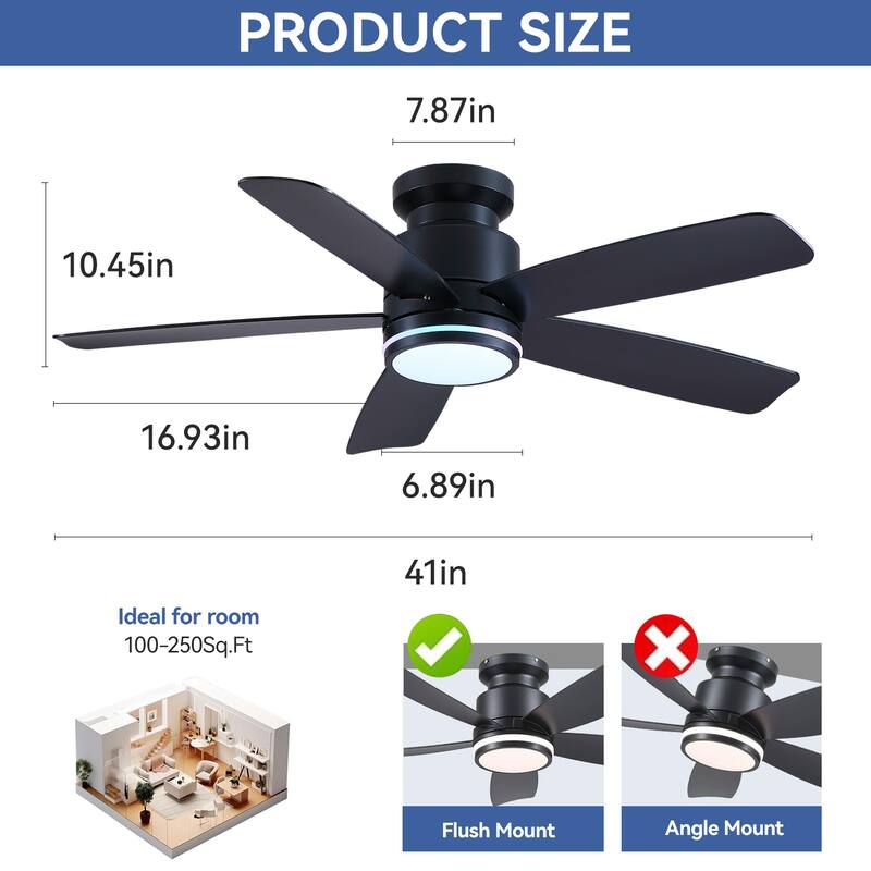 41 and 46 Inches Flush Mount Ceiling Fan with Light and Remote