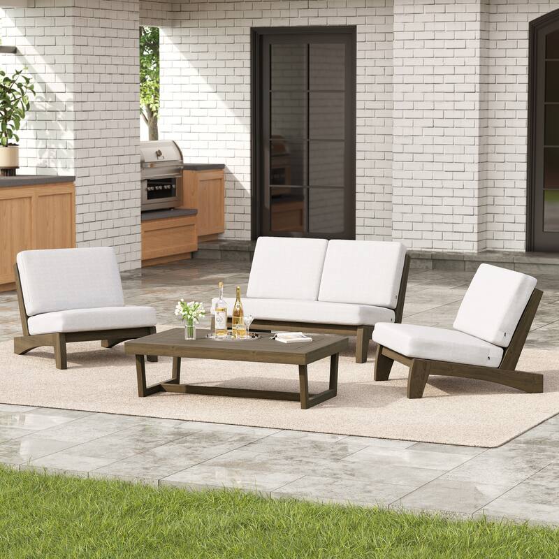 4 Set Outdoor Patio Teak Wood Club Chairs Loveseat with Cushion - Beige - NaturalFrame