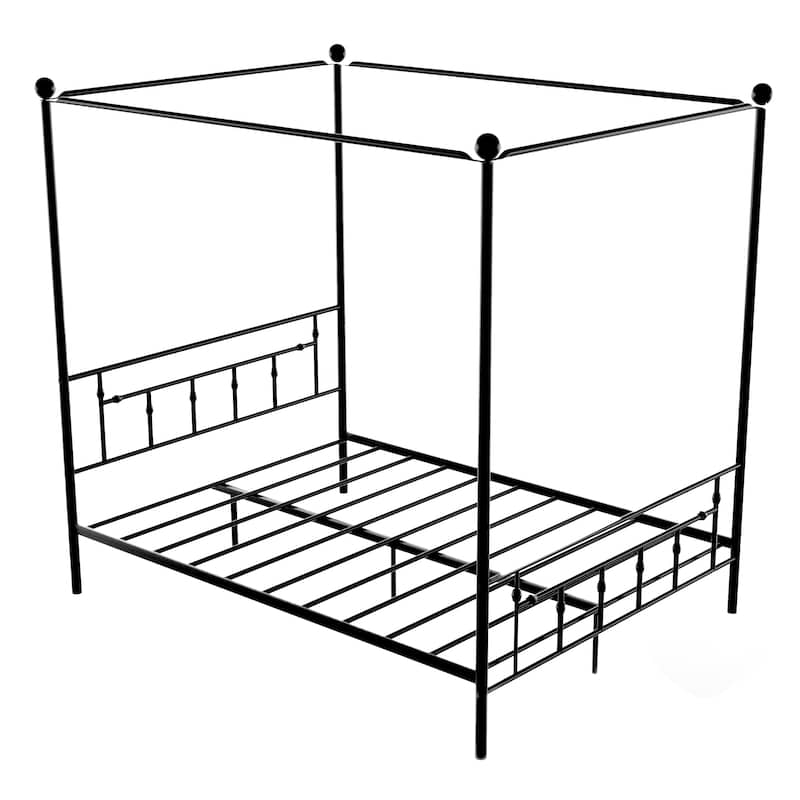 Queen Size Metal Canopy Platform bed with Headboard, Black/White