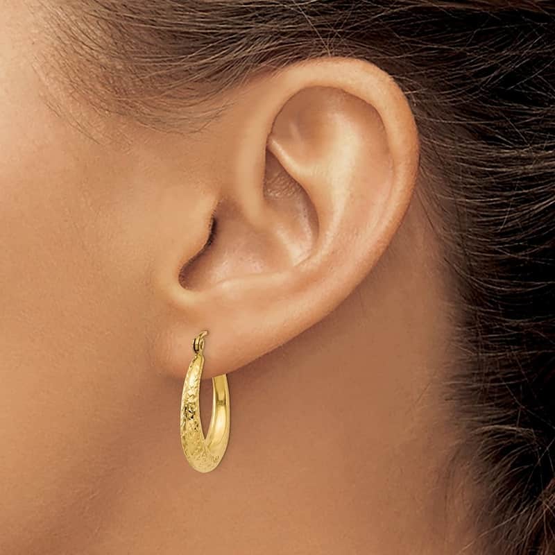 Curata 14k Yellow Gold 5x22mm Sparkle Cut Tapered Hoop Earrings