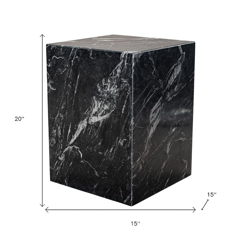 20 Inch Black Marble Square End Table with Solid Wood Base - 15” x 15” x 20”