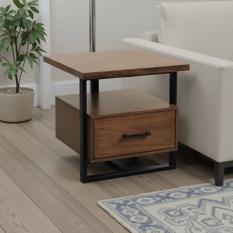 Voz Side End Table, Drawer and Open Shelf, Walnut Brown, Black 22 Inch