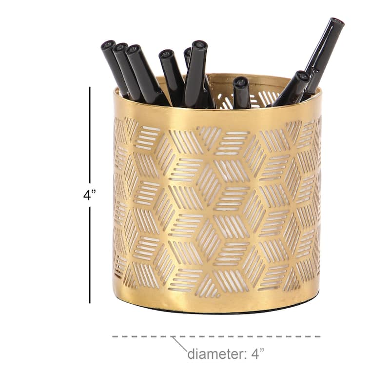Metal Geometric Pencil Cup with Laser Carved Design - Gold - Roche River Decor
