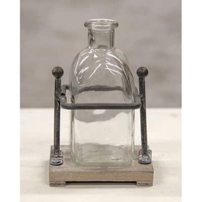 ^Wood and Iron Bottle Holder With 1 Bottle - 3"W x 4"D x 6"H