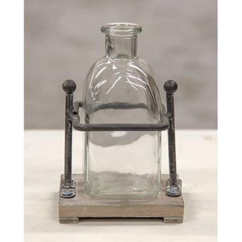 ^Wood and Iron Bottle Holder With 1 Bottle - 3"W x 4"D x 6"H