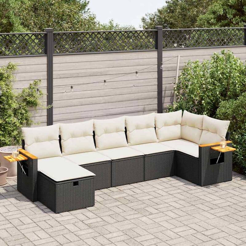vidaXL Patio Sofa Set with Cushions Outdoor Conversation Furniture Poly Rattan - Black and cream without table - form2 - 21.7 x 21.7 x 14.6 in