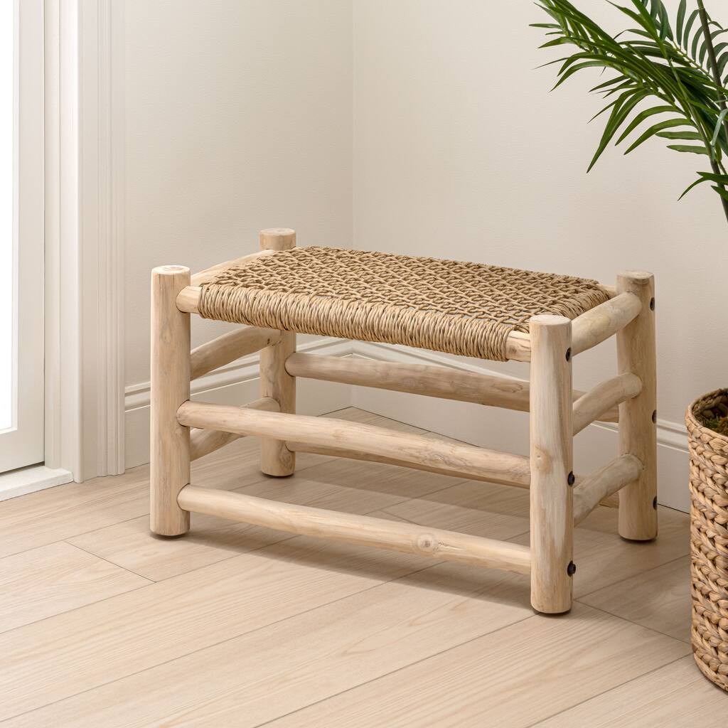 JONATHAN Y Chuck Coastal Bohemian Handcrafted Indoor/Outdoor Teak Wood Accent Stool with Woven Seat