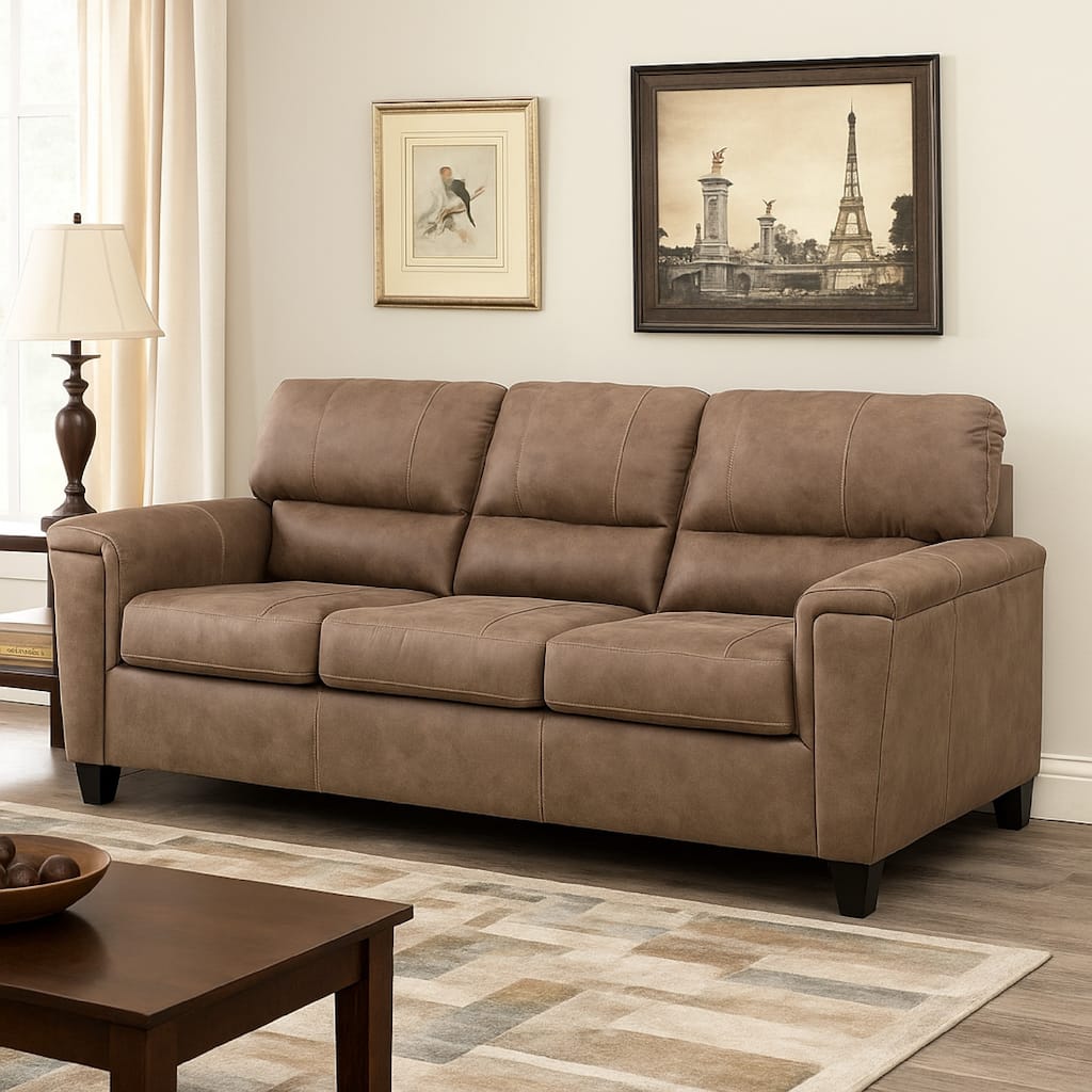 Nav Sofa, Fossil Brown Faux Leather, Plush Foam Cushions, 89 Inch
