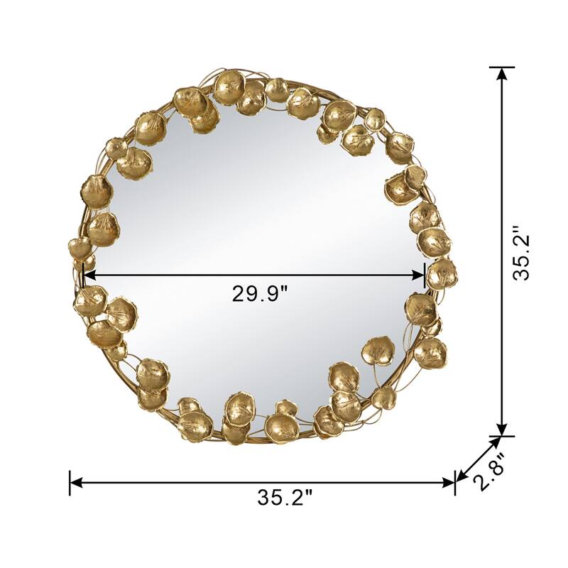 Round Metal Wall Mirror with Golden Leaf Accents