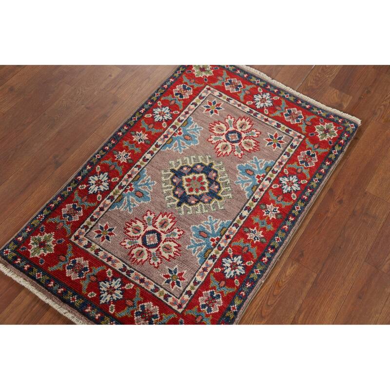 Geometric Kazak Oriental Accent Rug Hand-Knotted Wool Carpet - 2'0" x 3'0"