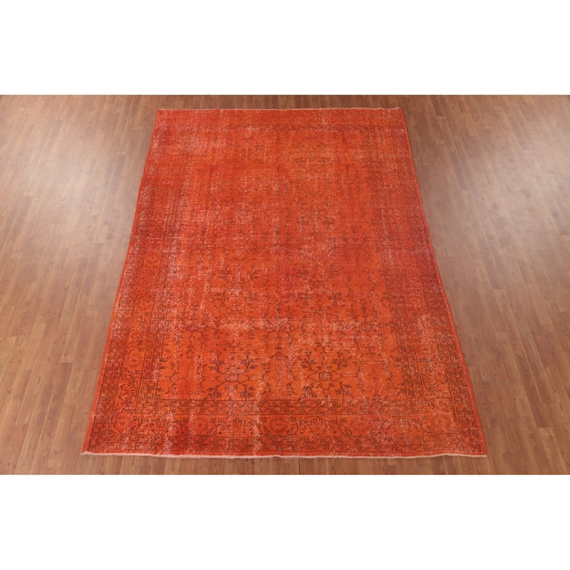 Over-Dyed Orange Anatolian Turkish Vintage Rug Handmade Wool Carpet - 7'7" x 10'8"