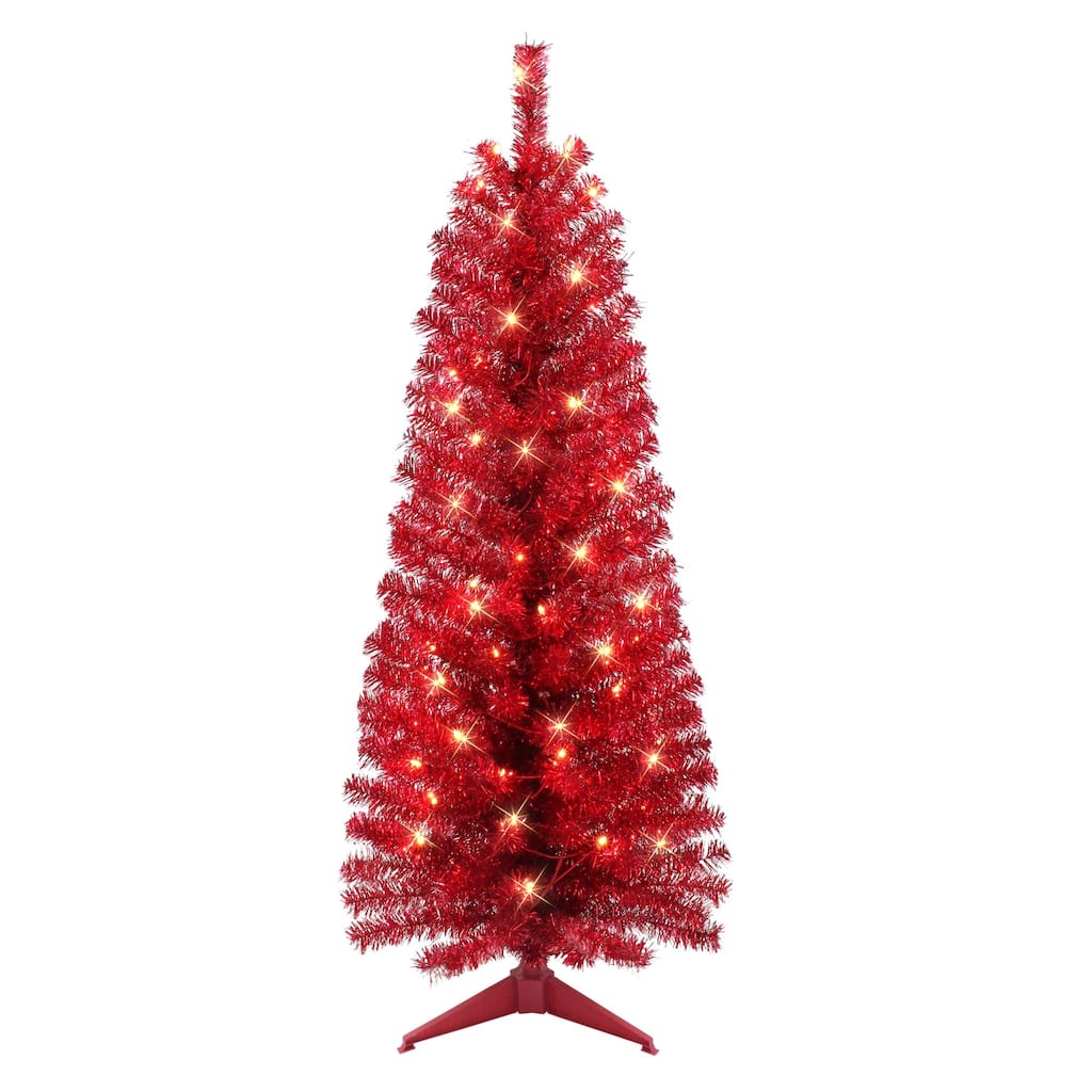 4.5' Pre-lit Red Tinsel Slim Artificial Christmas Tree, Clear Lights - 4.5 Foot