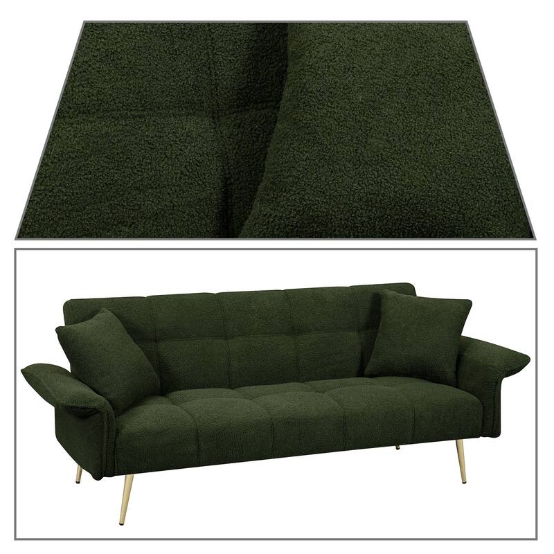 Modren Teddy Fabric Upholstered Convertible Futon Sofa Bed with Folding Armrests