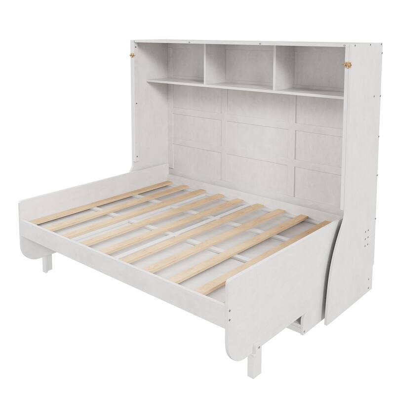 Full Size Murphy Bed with 3 Storage Shelves & Desk, Rustic 2-in-1 Bed Wooden Convertible Cabinet Bed, Space-Saving Design