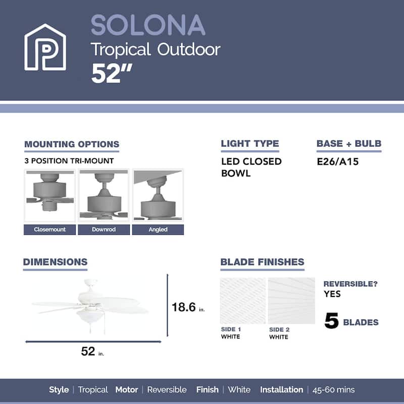 52" Solana Outdoor LED Ceiling Fan, White - 52-inch