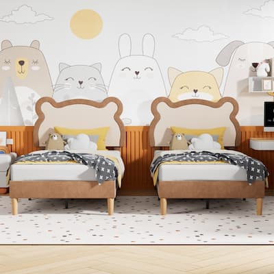 VECELO Twin Beds for Kids, Upholstered Platform Bedframes, Brown Kids Bed Set of 2