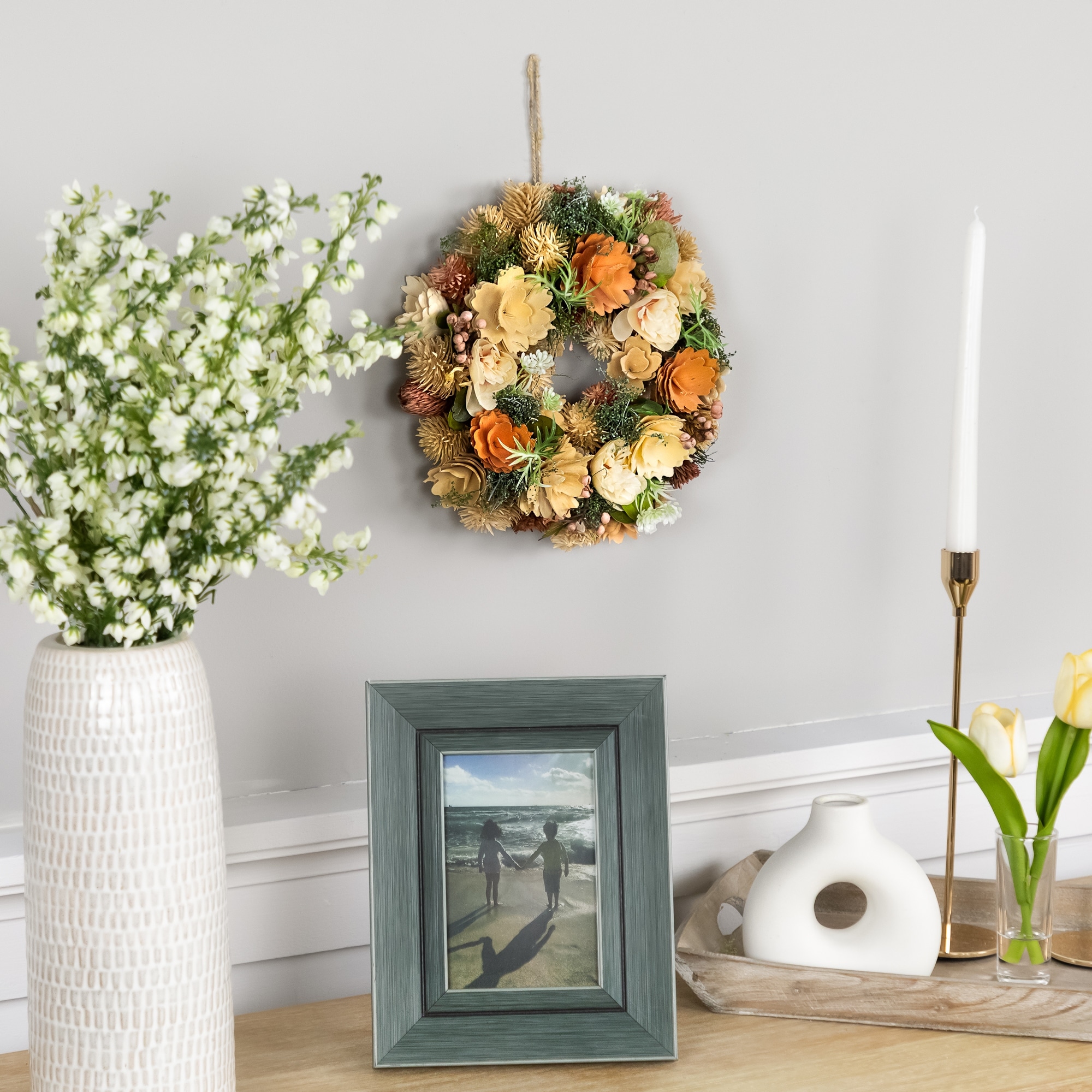 Mixed Floral Artificial Mini Spring Wreath - 10" - Beige and Peach