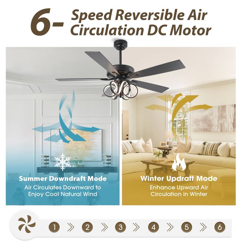 52" Modern Unique Dimmable LED Reversible Motor Ceiling Fan with Light and Remote - 52-inch W*19.3-inch H